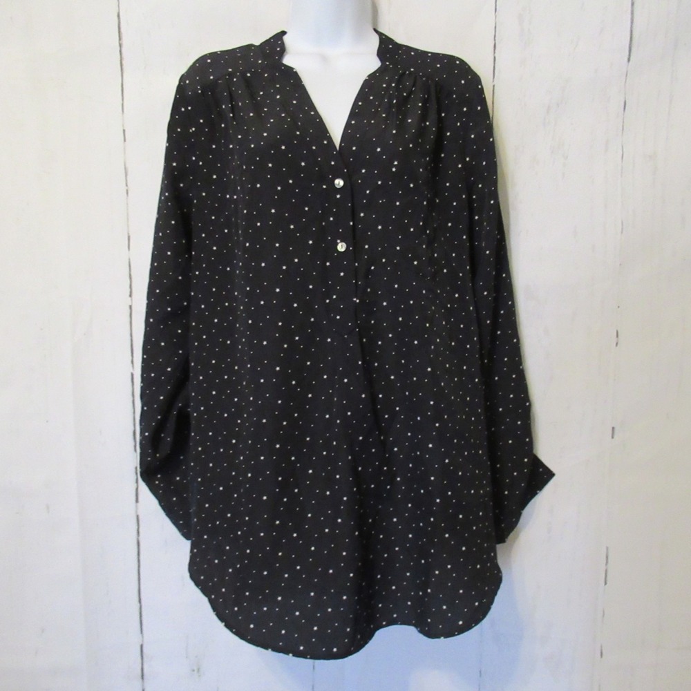 Modcloth Top L Black Star Polka Dot Pring Popover Tunic Roll Tab‎ Sleeve